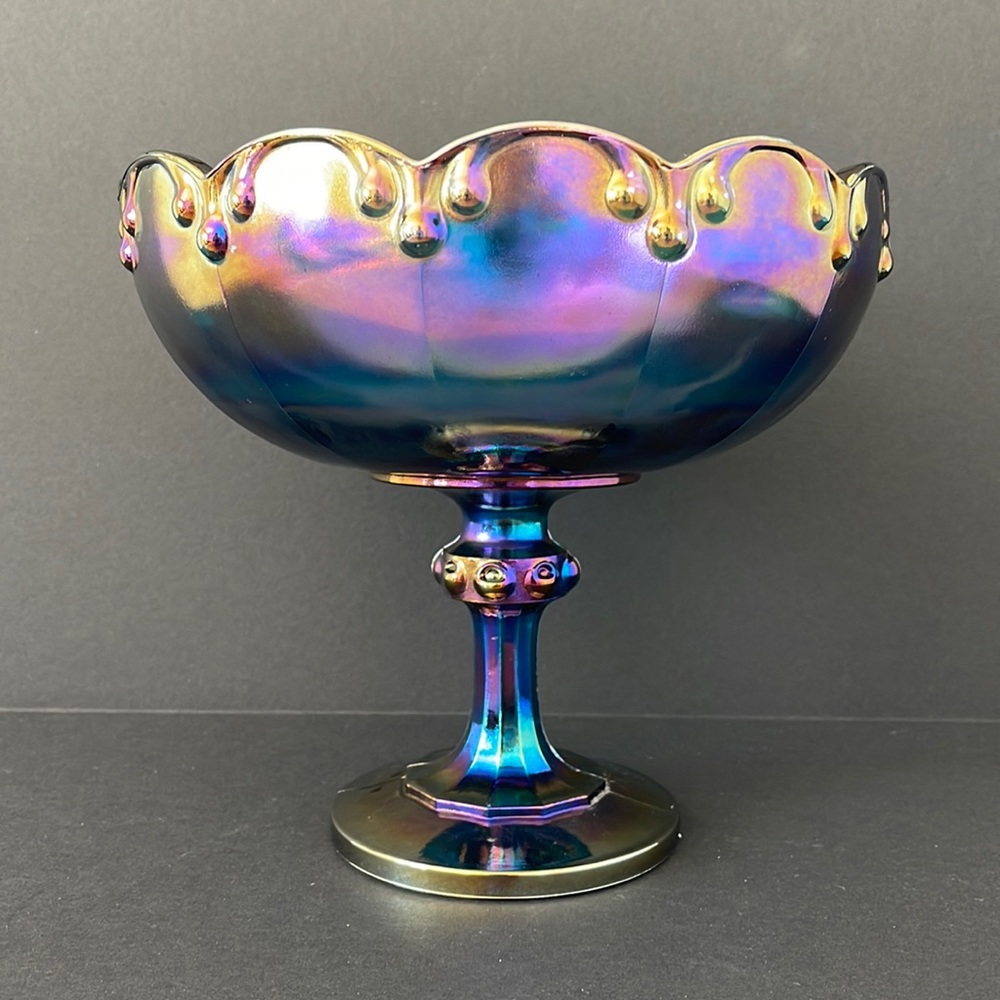 Indiana Glass Peacock Blue Carnival Glass with Garland Pedestal Bowl